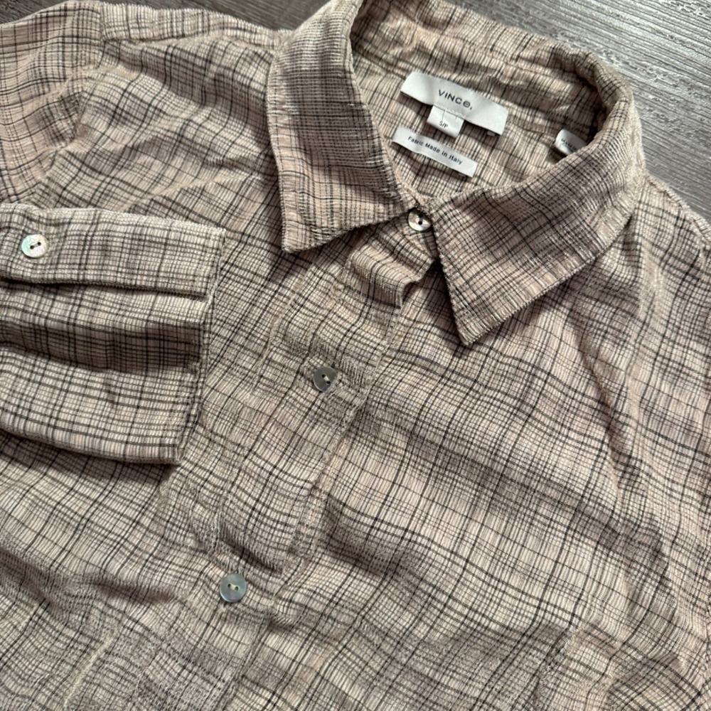 Vince Shirt Womens S Beige Plaid Viscose Italian Fabric Luxury Minimal Cordrouy